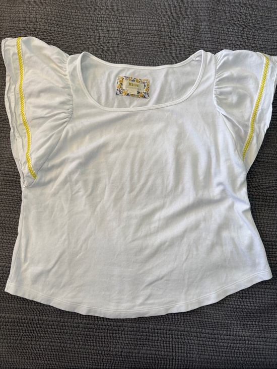 Maeve Tops - Maeve White Flutter Sleeve Top with Yellow Stitching
